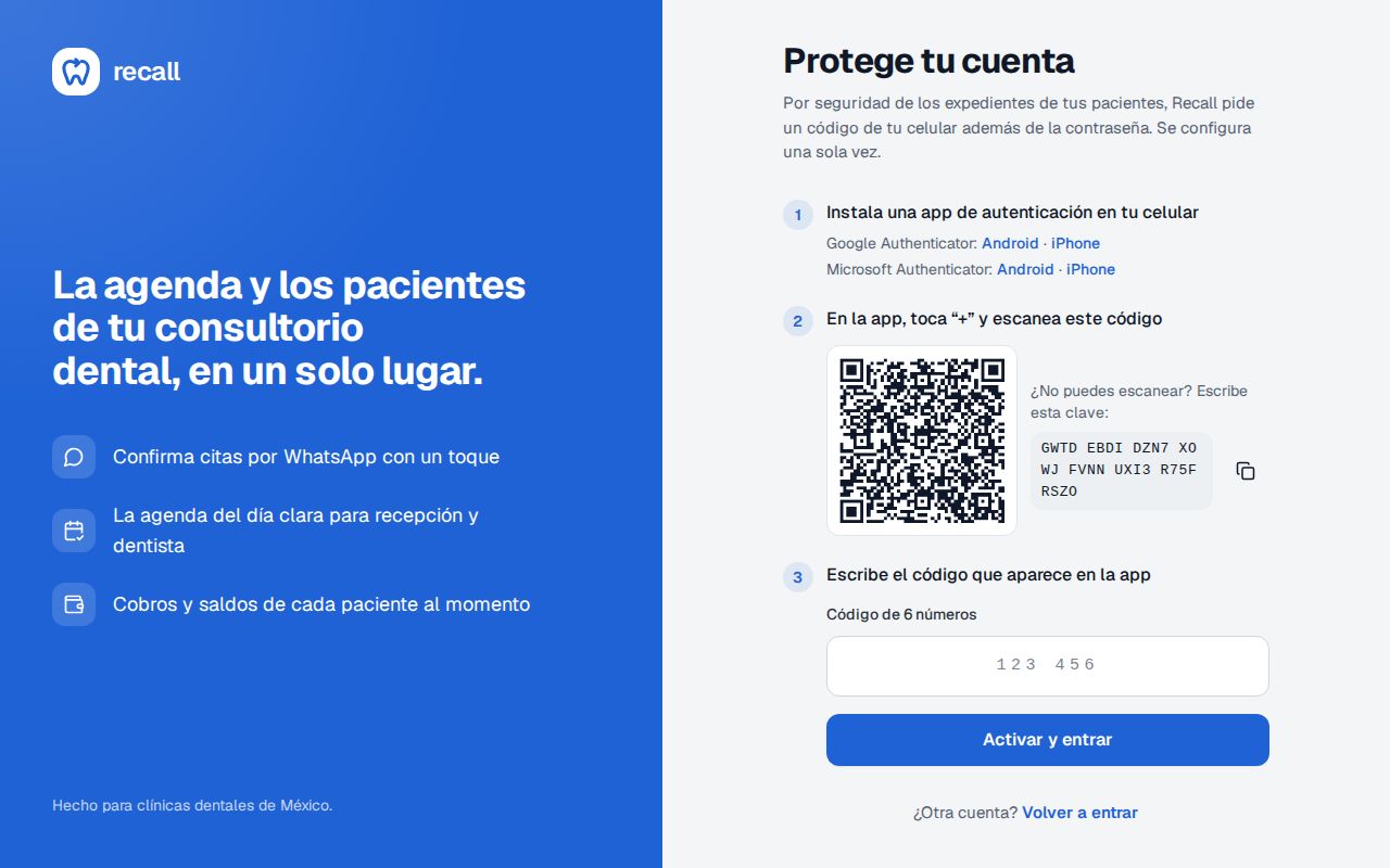 Pantalla Protege tu cuenta de Recall con los tres pasos: instalar la app, escanear el código QR o escribir la clave, y escribir el código de 6 números