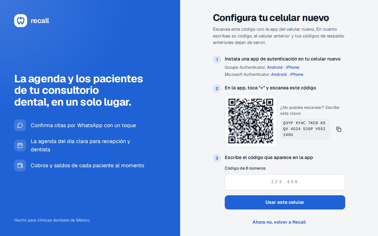 Pantalla Configura tu celular nuevo de Recall con el código QR, la clave para escribir a mano y el campo del código de 6 números