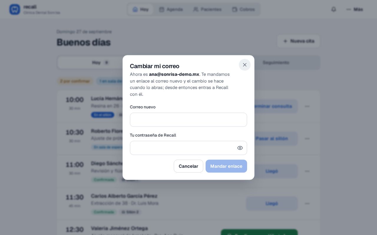 Diálogo Cambiar mi correo de Recall que muestra el correo actual y pide el correo nuevo y la contraseña antes de mandar el enlace