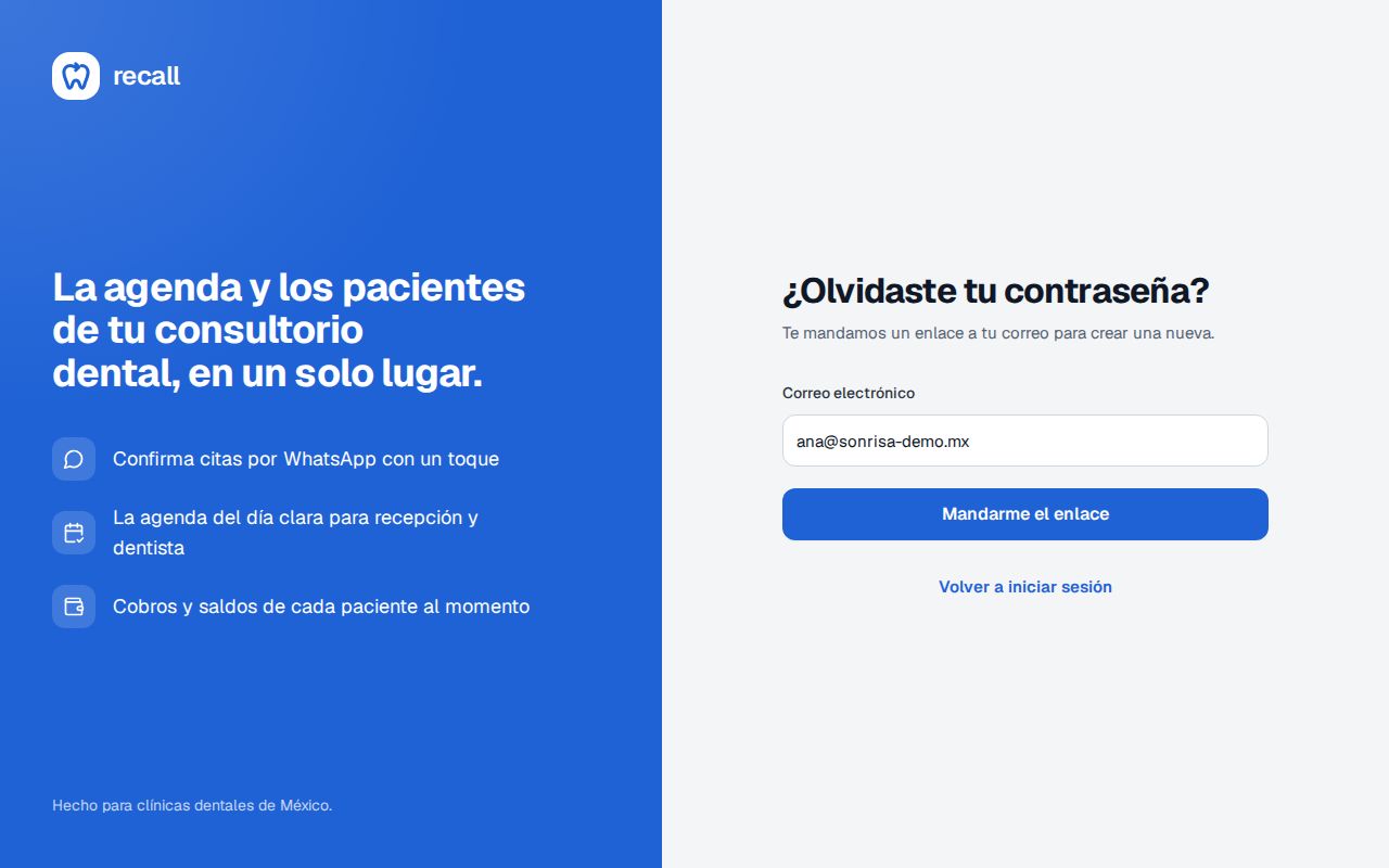 Pantalla ¿Olvidaste tu contraseña? de Recall con el campo Correo electrónico y el botón Mandarme el enlace